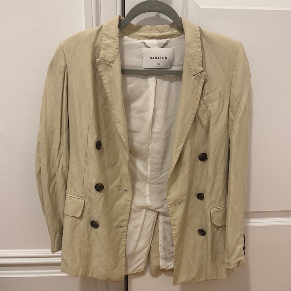 Babaton Tan Blazer Double-Breasted Suit Jacket
